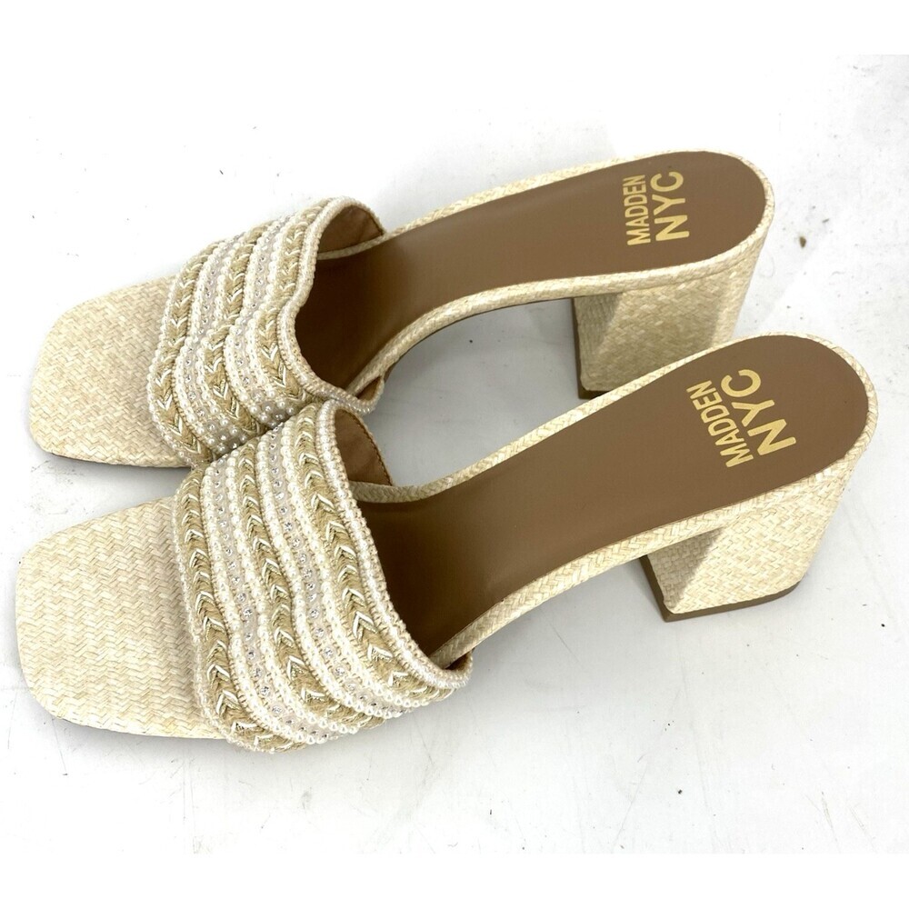 Madden NYC Tan Beaded Woven Block Heel Slides Size 11 NWOB Women’s Shoes